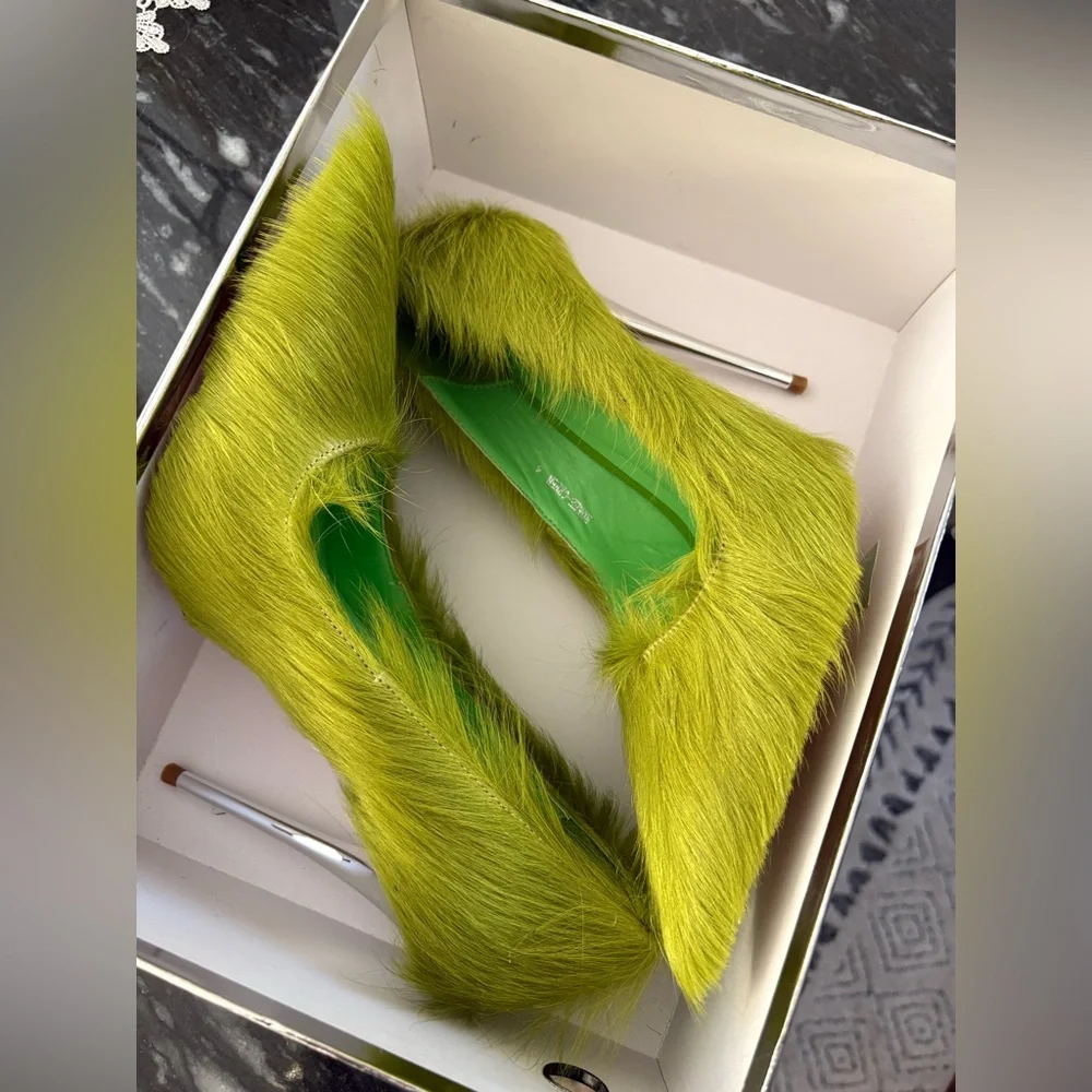 Lime Green Faux Fur Heels - Picture 4 of 7